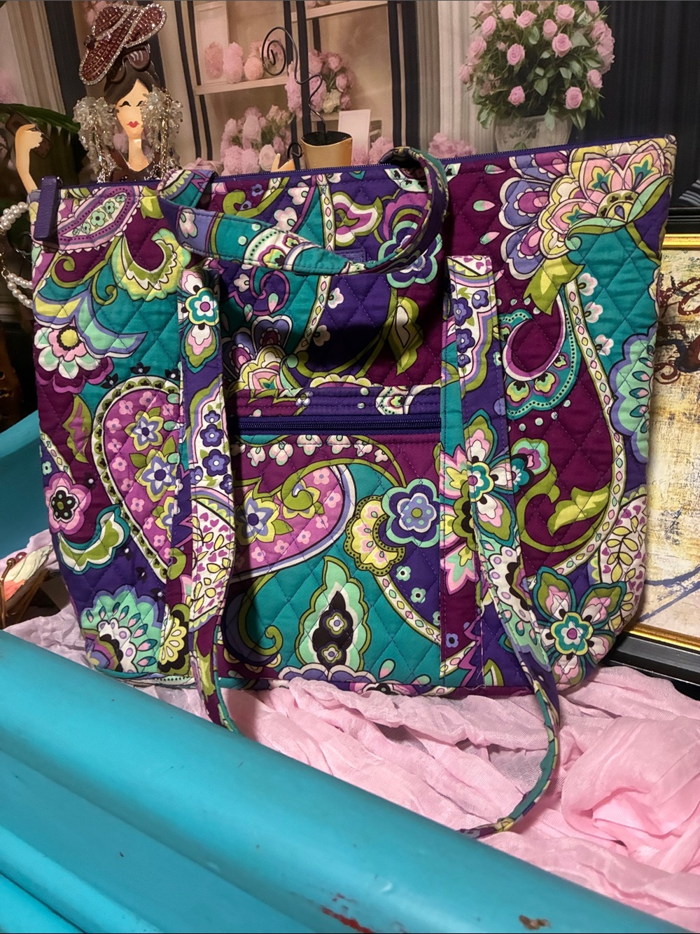 Vera Bradley- Quilted Floral Paisley Tote Bag - Purple Teal